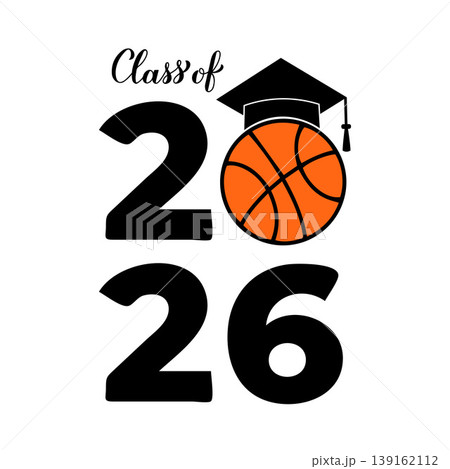 Class of 2026 lettering with graduation hat and basketball ball. Congratulations to graduates typography poster. Vector template for greeting card, banner, sticker, shirt, etc. Class of 2026 lettering with graduation hat and basketball ball. Congratulations to graduates typography poster. Vector template for greeting card, banner, sticker, shirt, etc. 139162112