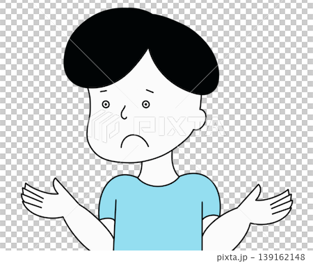 The upper body (light blue) of a man with his hands raised in a helpless pose and a troubled expression. 139162148