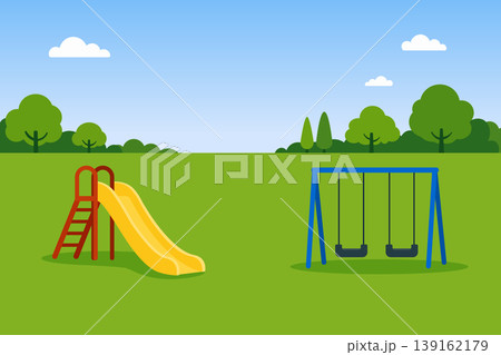 Public park playground with yellow slide, blue swing and green field vector illustration. Public park playground with yellow slide, blue swing and green field vector illustration. 139162179