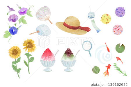 夏の水彩イラスト・麦わら帽子、朝顔、ひまわり、金魚、かき氷 夏の水彩イラスト・麦わら帽子、朝顔、ひまわり、金魚、かき氷 139162632