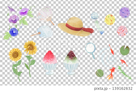 夏の水彩イラスト・麦わら帽子、朝顔、ひまわり、金魚、かき氷 夏の水彩イラスト・麦わら帽子、朝顔、ひまわり、金魚、かき氷 139162632