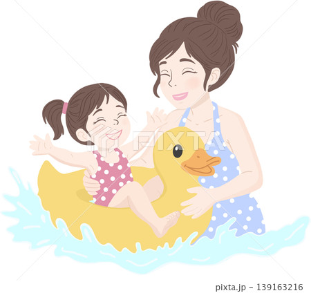A joyful mother and daughter playing together in water with a cute duck float.  139163216