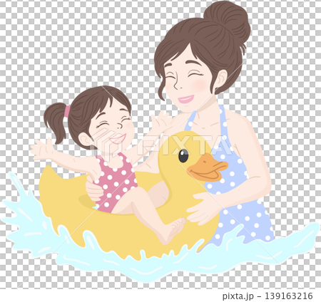 A joyful mother and daughter playing together in water with a cute duck float.  139163216