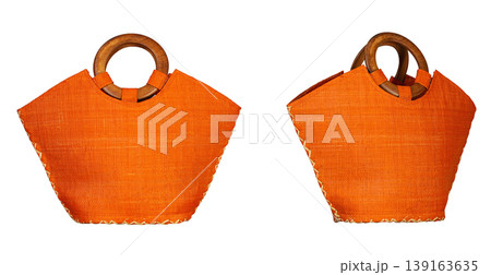 Orange woven handbag with wooden handles isolated on white background, front and back view Orange woven handbag with wooden handles isolated on white background, front and back view 139163635
