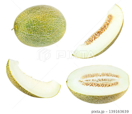Melon fruit whole and sliced isolated on white background, fresh cantaloupe set Melon fruit whole and sliced isolated on white background, fresh cantaloupe set 139163639