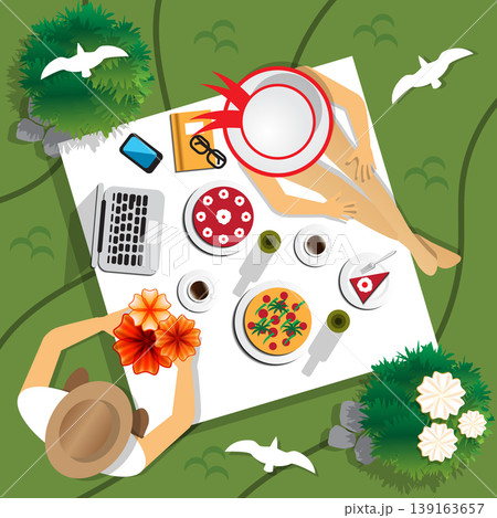 The guy with the girl on a picnic. View from above. Vector illustration. The guy with the girl on a picnic. View from above. Vector illustration. 139163657