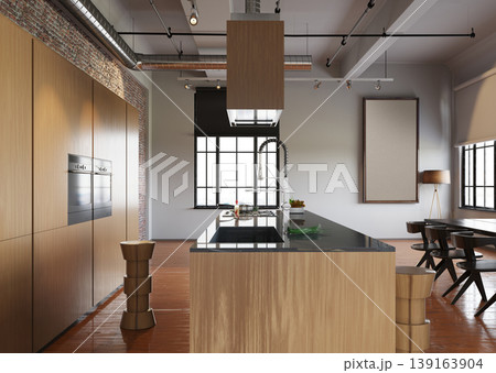 3D illustration of an industrial loft kitchen. Wooden island, exposed pipes and canvas mockup 3D illustration of an industrial loft kitchen. Wooden island, exposed pipes and canvas mockup 139163904