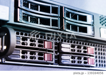 Array of data storage hard drives in internet data center 139164056