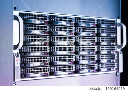 Array of data storage hard drives in internet data center 139164059