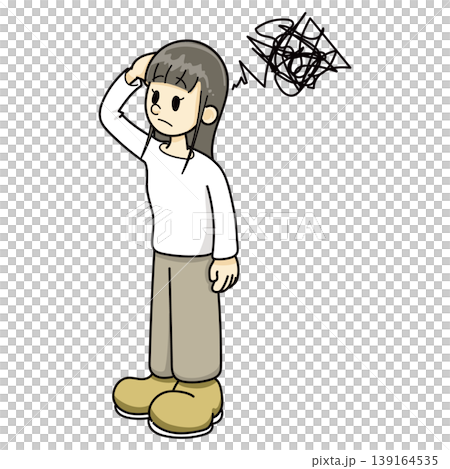 A woman with a troubled expression, wearing brown pants. A woman with a troubled expression, wearing brown pants. 139164535