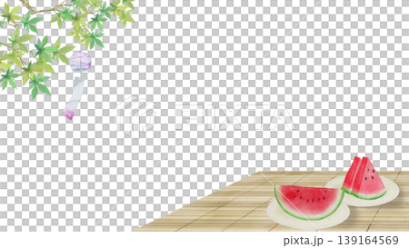 Watercolor illustration depicting the atmosphere of summer - Watermelon and wind chimes on a veranda Watercolor illustration depicting the atmosphere of summer - Watermelon and wind chimes on a veranda 139164569