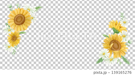 水彩ひまわりとデイジーコーナーフレーム・夏の花イラスト素材セット 139165276