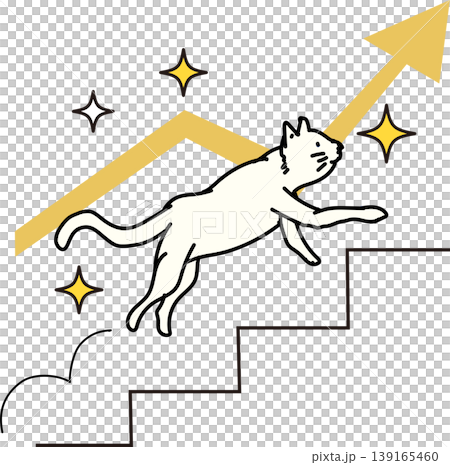 Image of growth and success: A white cat running up stairs with an arrow. 139165460