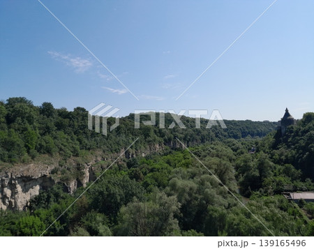 Lush Green Park View with Trees and Cityscape Under Clear Blue Sky 139165496