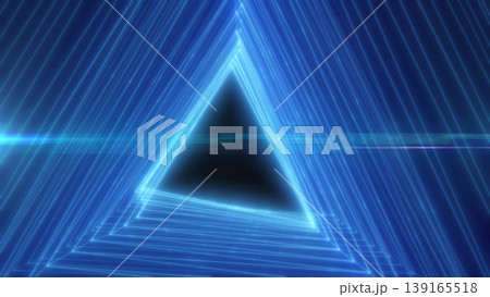 Blue neon triangle tunnel with glowing lines and lens flare, futuristic geometric corridor and sci-fi digital background Blue neon triangle tunnel with glowing lines and lens flare, futuristic geometric corridor and sci-fi digital background 139165518