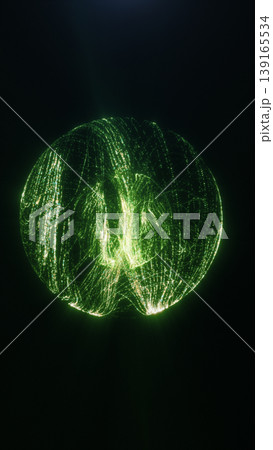 Abstract glowing green sphere formed by luminous particle trails on a black background, suggesting energy and magnetic motion. 139165534