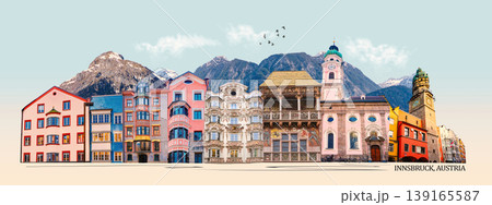 Historic facades at old street of Innsbruck view, alpine city in Tirol, region of Austria -art collage Historic facades at old street of Innsbruck view, alpine city in Tirol, region of Austria -art collage 139165587