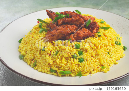 crispy chicken fillet in soy sauce, with fried rice, homemade, no people, crispy chicken fillet in soy sauce, with fried rice, homemade, no people, 139165630