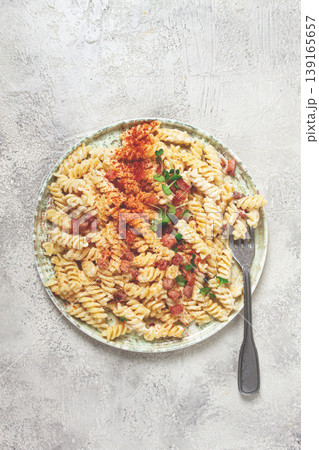 fusilli pasta with cheese and bacon, homemade, no people, fusilli pasta with cheese and bacon, homemade, no people, 139165657
