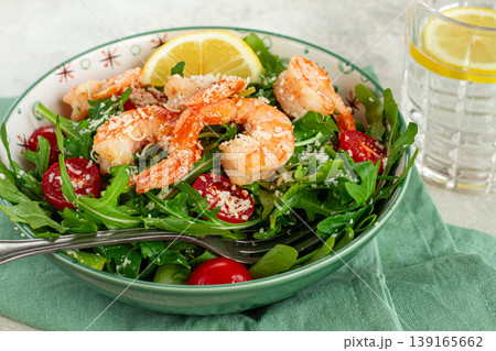 Shrimp salad with arugula and cherry tomatoes, with parmesan cheese, healthy food, Shrimp salad with arugula and cherry tomatoes, with parmesan cheese, healthy food, 139165662
