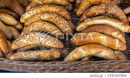 Baked wholegrain bans in basket Baked wholegrain bans in basket 139165960