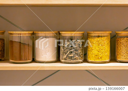 Food ingredients in boxes on shelf Food ingredients in boxes on shelf 139166007