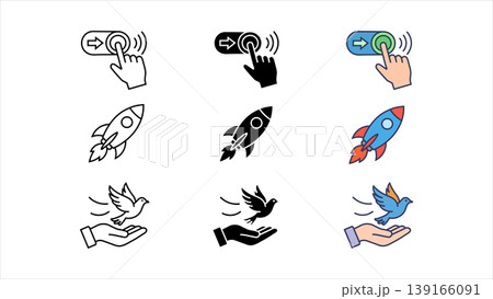 Deploy launch and product release icon set with rocket ship cloud and arrow symbols in outline solid black and colorful design styles isolated on white background Deploy launch and product release icon set with rocket ship cloud and arrow symbols in outline solid black and colorful design styles isolated on white background 139166091