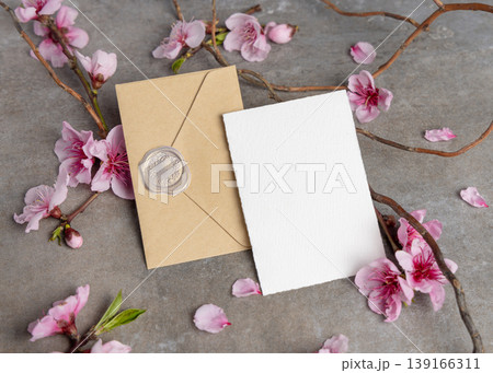 Spring wedding blank card and envelope mockup with pink cherry blossoms and twigs on grey stone Spring wedding blank card and envelope mockup with pink cherry blossoms and twigs on grey stone 139166311