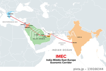 IMEC, India-Middle East-Europe Economic Corridor, political map. Planned infrastructure route from India to Europe through the United Arab Emirates, Saudi Arabia, Jordan, Israel, and Greece. Vector IMEC, India-Middle East-Europe Economic Corridor, political map. Planned infrastructure route from India to Europe through the United Arab Emirates, Saudi Arabia, Jordan, Israel, and Greece. Vector 139166344