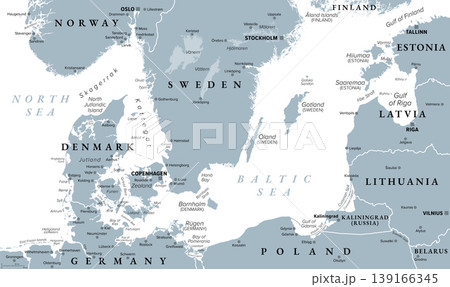 Danish straits and southern Baltic Sea, gray political map. Belts and sounds in Denmark, international waterways, connecting the Baltic Sea through Kattegat and Skagerrak to the North Sea. Vector 139166345