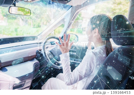自動運転の車で手放し運転をする女性 139166453