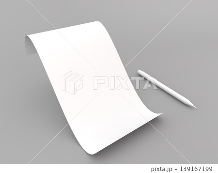 Blank paper and pen on a gray background ready for writing notes or ideas in a simple workspace setting at any time 139167199