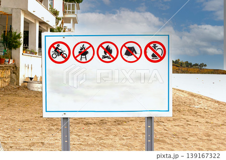 Sign for restrictions on public sea beach in Edirne Turkey Sign for restrictions on public sea beach in Edirne Turkey 139167322