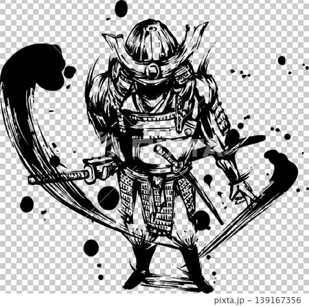 這是一幅以俯視視角描繪身穿盔甲的武士的水墨畫。 139167356