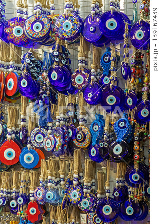 Evil eye charms sold on market outside 139167439