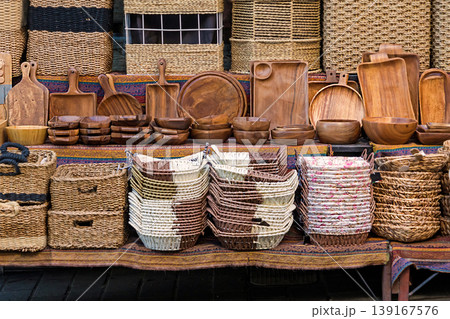 Rattan baskets on shelf market 139167576