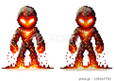 Pixel art character fiery humanoid made of molten lava with a glowing core and charred edges, standing on a white background 139167792