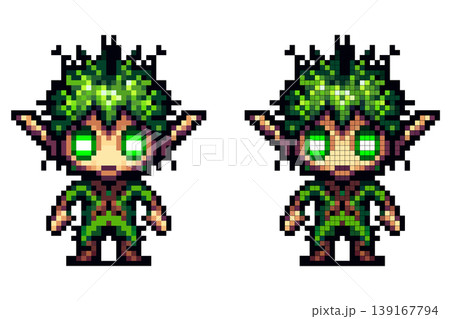 Pixel art character forest elf with large pointed ears, glowing green eyes, leaf like green hair, and green brown clothing, standing on a white background. Pixel art character forest elf with large pointed ears, glowing green eyes, leaf like green hair, and green brown clothing, standing on a white background. 139167794
