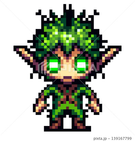Pixel art character forest elf with large pointed ears, glowing green eyes, leaf like green hair, and green brown clothing, standing on a white background. Pixel art character forest elf with large pointed ears, glowing green eyes, leaf like green hair, and green brown clothing, standing on a white background. 139167799