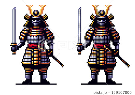 Pixel art character samurai in traditional gray gold armor, wearing a helmet with golden horns, holding a sword in the right hand with the other hand near the hilt of another weapon, standing on a Pixel art character samurai in traditional gray gold armor, wearing a helmet with golden horns, holding a sword in the right hand with the other hand near the hilt of another weapon, standing on a 139167800