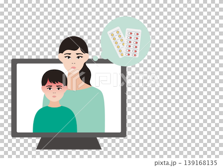 発熱でオンライン診療を受ける男の子と母親のベクターイラスト素材（パソコン） 139168135