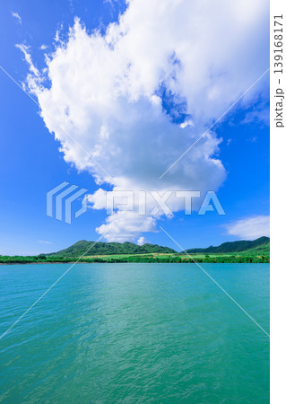 石垣島　エメラルドの海と山並みが美しい船越漁港の風景 139168171