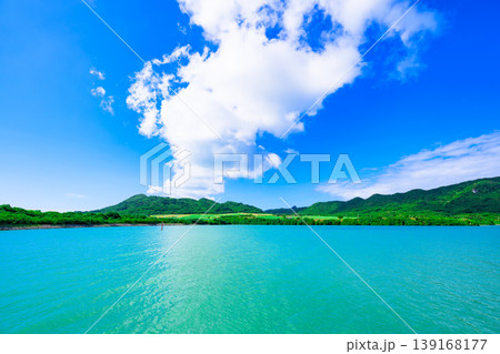 石垣島　エメラルドの海と山並みが美しい船越漁港の風景 139168177