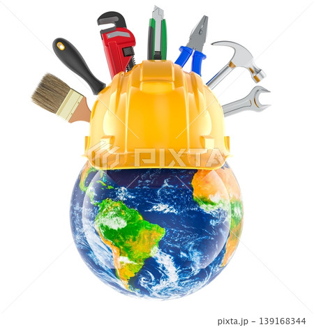 Labor Day concept with globe hard hat and tools. 3d rendering Labor Day concept with globe hard hat and tools. 3d rendering 139168344