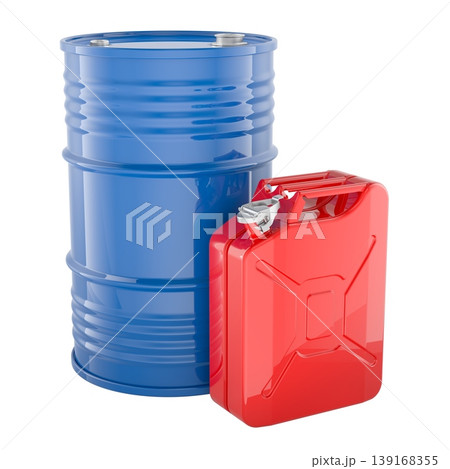 Blue fuel barrel and red jerry can. 3d rendering Blue fuel barrel and red jerry can. 3d rendering 139168355