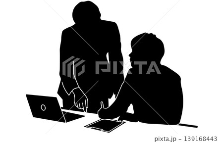 パソコンと書類で指示するビジネスマンのモノクロシルエット 上司・部下・指導 パソコンと書類で指示するビジネスマンのモノクロシルエット 上司・部下・指導 139168443