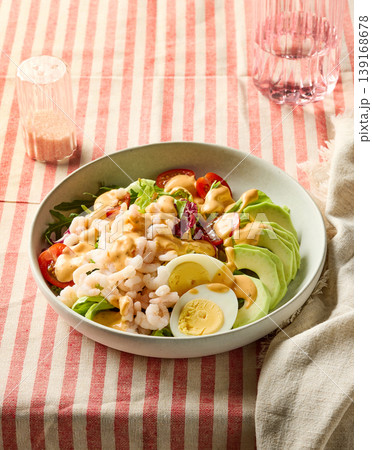 Healthy shrimp avocado salad bowl with egg and dressing on striped background Healthy shrimp avocado salad bowl with egg and dressing on striped background 139168678