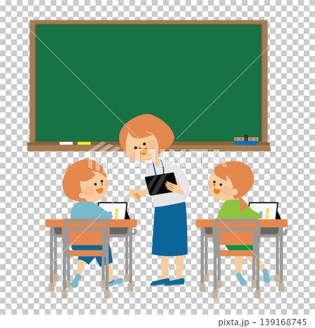 Illustration of a child using a tablet device during class. 139168745