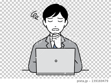 パソコンを見てもやもや悩むスーツ姿の若い男性のイラスト モノトーン パソコンを見てもやもや悩むスーツ姿の若い男性のイラスト モノトーン 139169479