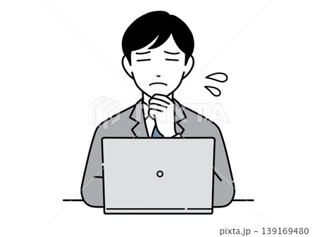 パソコンを見て不安そうなスーツ姿の若い男性のイラスト　モノトーン 139169480